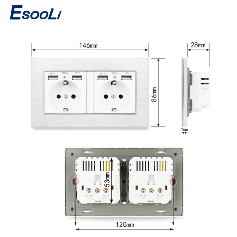 Esooli черная алюминиевая панель настенная розетка стандарта ЕС с 4 USB зарядными