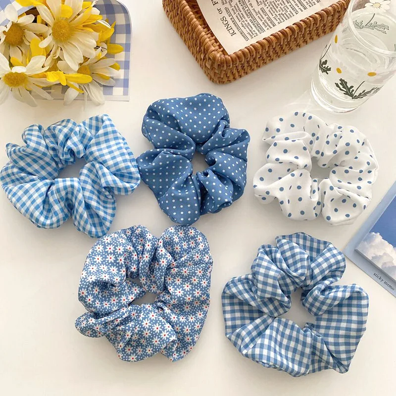 

Hot Cloth hair ring French fat intestine sweet girl floral hair rope ins wind blue wave dot large Hair bands