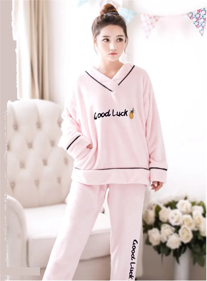 korean Flannel Warm Pajamas for Women Long Sleeve Home Suit Ladies sleepwear Velvet Pajama set Thick Feminino Pants Pyjamas