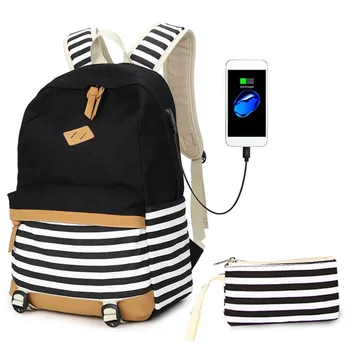 

Women Men Large Capacity Canvas Travel Adjustable Strap Casual School Bag Striped Backpack With USB Port Zipper Pencil Case