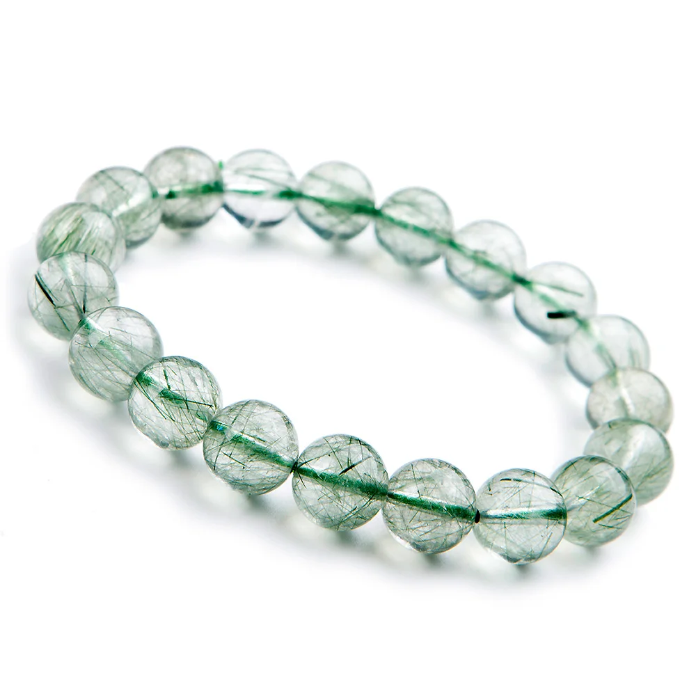 

10mm From Brazil Natural Green Rutilated Quartz Gemstone Bracelet For Women Female Stretch Crystal Round Bead Wealthy AAAAA