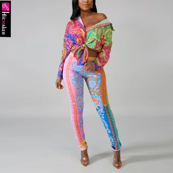 

Women Plus Size Two Piece Matching Sets Retro Printed Long Sleeve Blouse & High Waist Bodycon Skinny Stretch Pant Sets