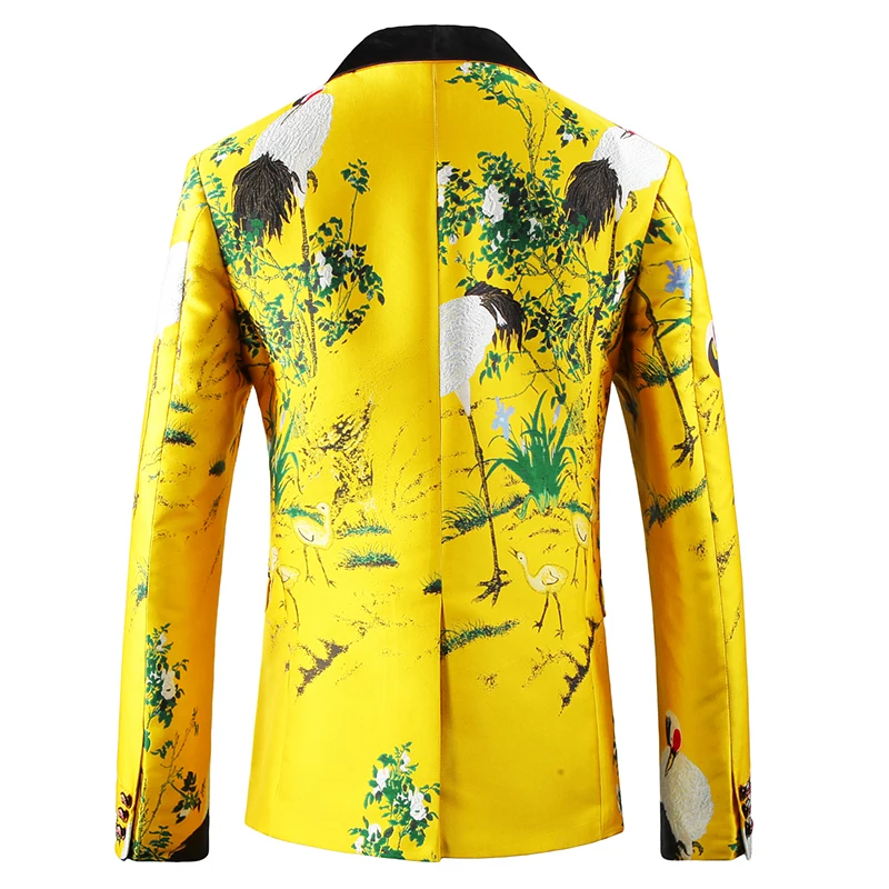 Shenrun мужские модные пиджаки желтый вышитый цифровой принт пиджак-смокинг Slim Fit хост певец костюм куртка шаль лацкан Костюм