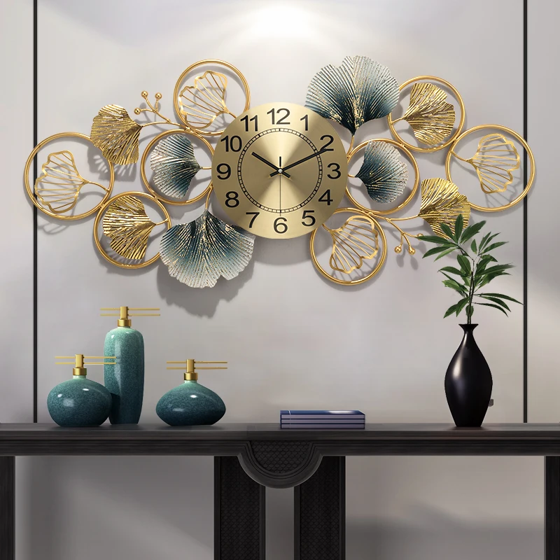 

Chinese Luxury Wrought Iron Ginkgo Leaf Wall Clock Home Livingroom Wall Hanging Decoration Porch Background Wall Sticker Crafts