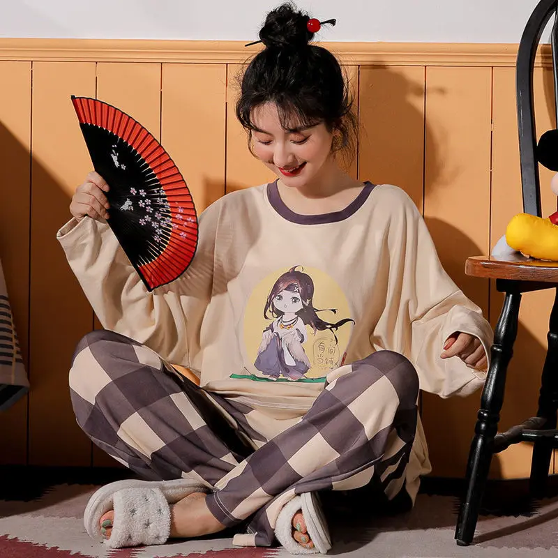 Conjuntos de pijama feminino manga comprida estampa desenho kawaii letras  gola redonda roupas de casa para estudantes estilo chinês