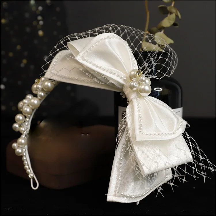 Elegant New Satin Khaki White Bow Shape Headband Fashion Wedding Bridal Wedding Dress Super Fairy Head Jewelry