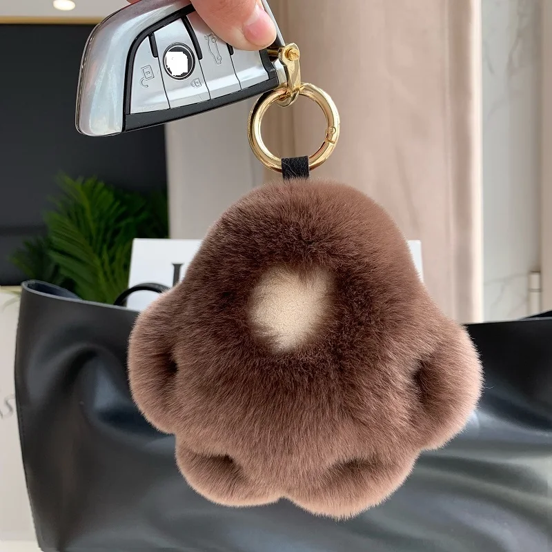 

Real Rex Rabbit Fur Keychain Women Car Key Pendant Bear Paw Toy Cute Bag Charm Ornaments Soft Pompom Cute Claw Key Rings