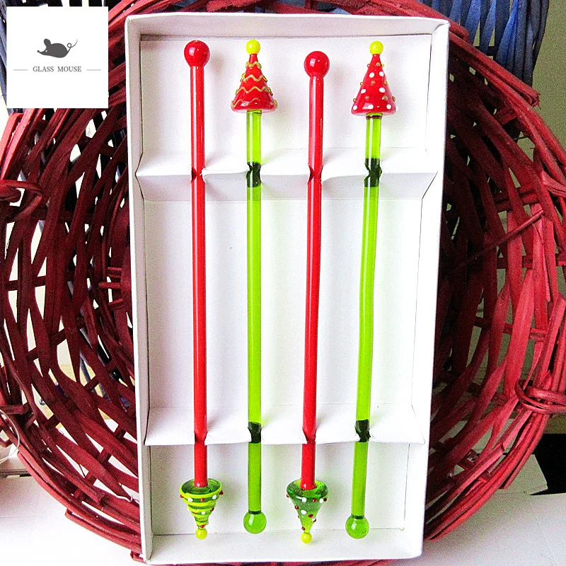 Murano style handmade glass Christmas tree head Figurines accessories Cocktail Stirrer Swizzle Stick coffee stirrer Wine Mixer