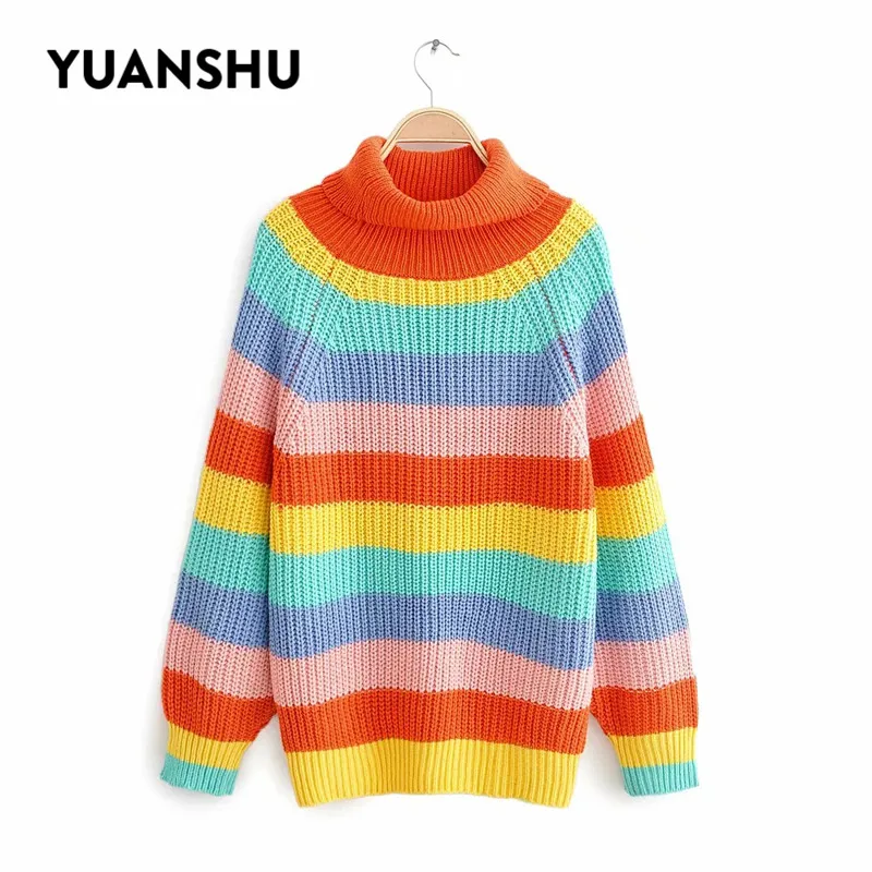 

YUANSHU Retro Rainbow Striped Turtleneck Sweater Women Autumn Winter Warm Knitted Pullovers Female Oversized Colorful Jumpers