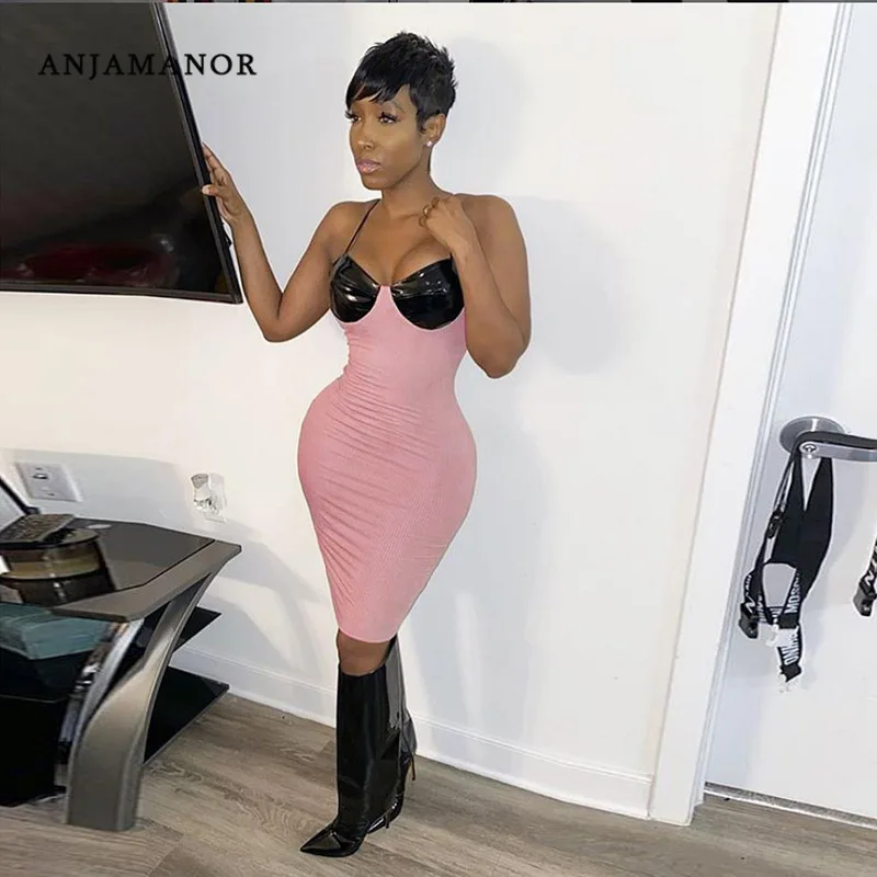 

ANJAMANOR Sexy Night Club Dress PU Leather Spliced Pink Spaghetti Strap Backless Bodycon Mini Dress Summer Moda 2020 Mujer D83I8