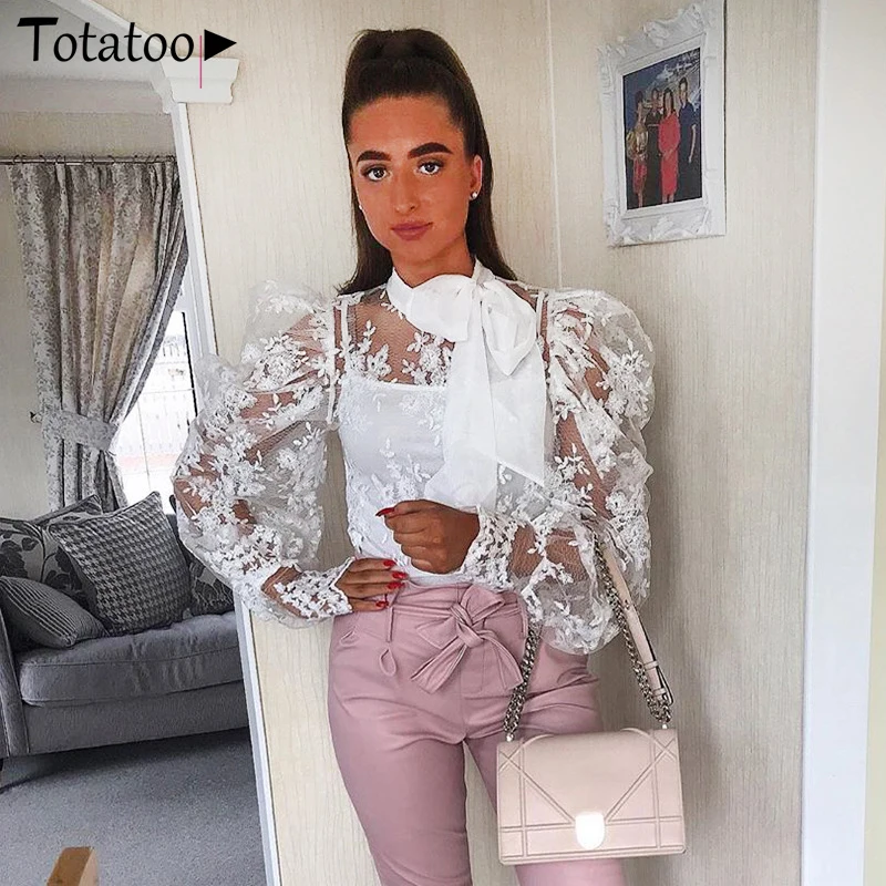  Totatoop Sexy Black Lace See Through T Shirts Women 2020 Spring Bow Tie Casual Tops Ladies Streetwe