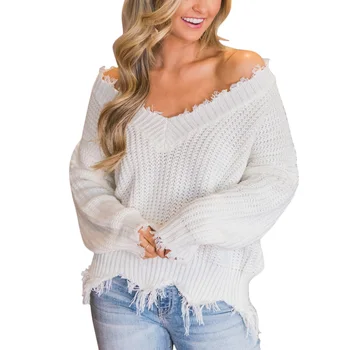 

The Shoulder V-neck Autumn Sweater For Women Fringe Distressed Knitted Jumper Female Tops Long Sleeve Pullover Knitwear