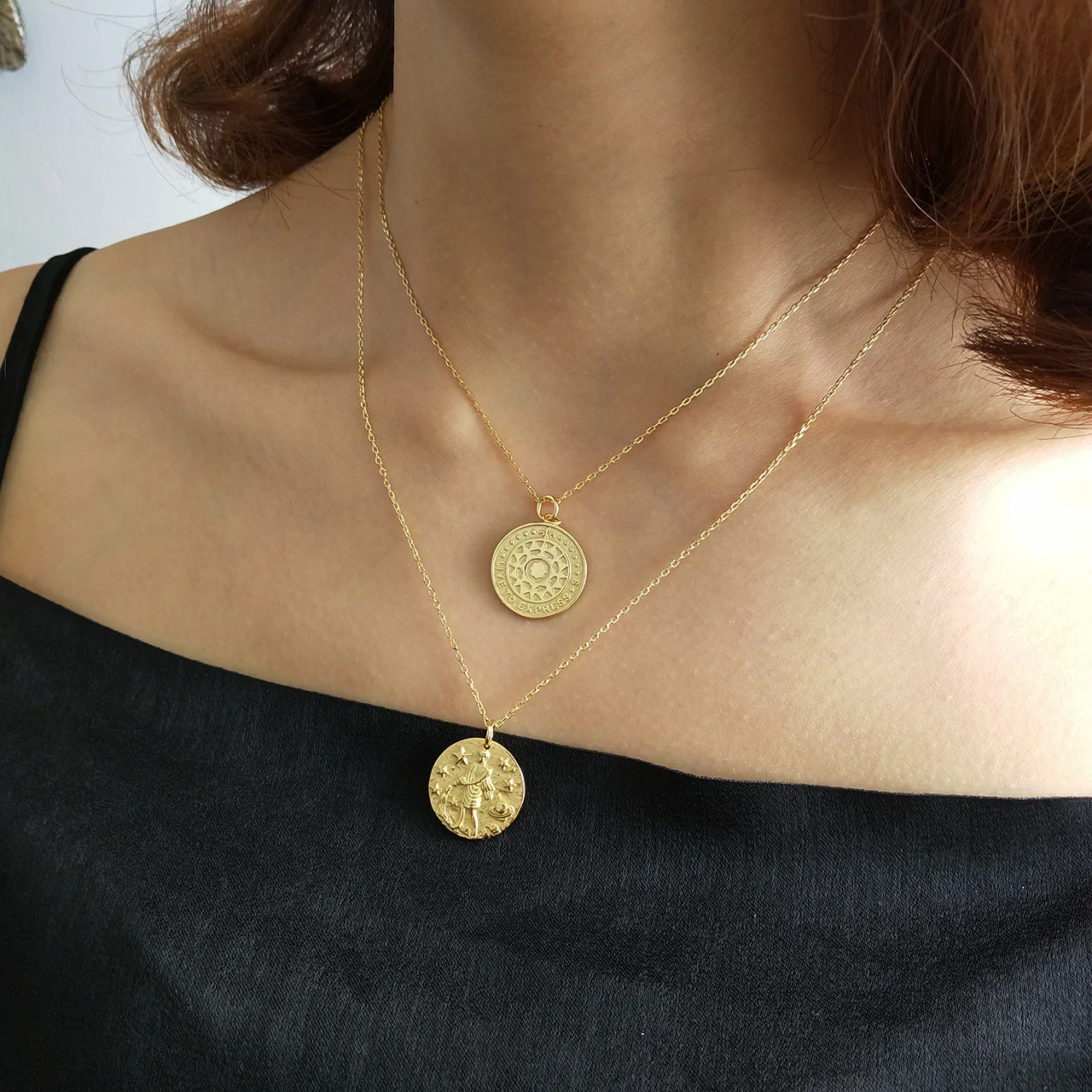 

South Korea Korean-style 925 Sterling-Style round Plate Simple Cool Ellipsoidal Western Style Figure Necklace Choker Pendant