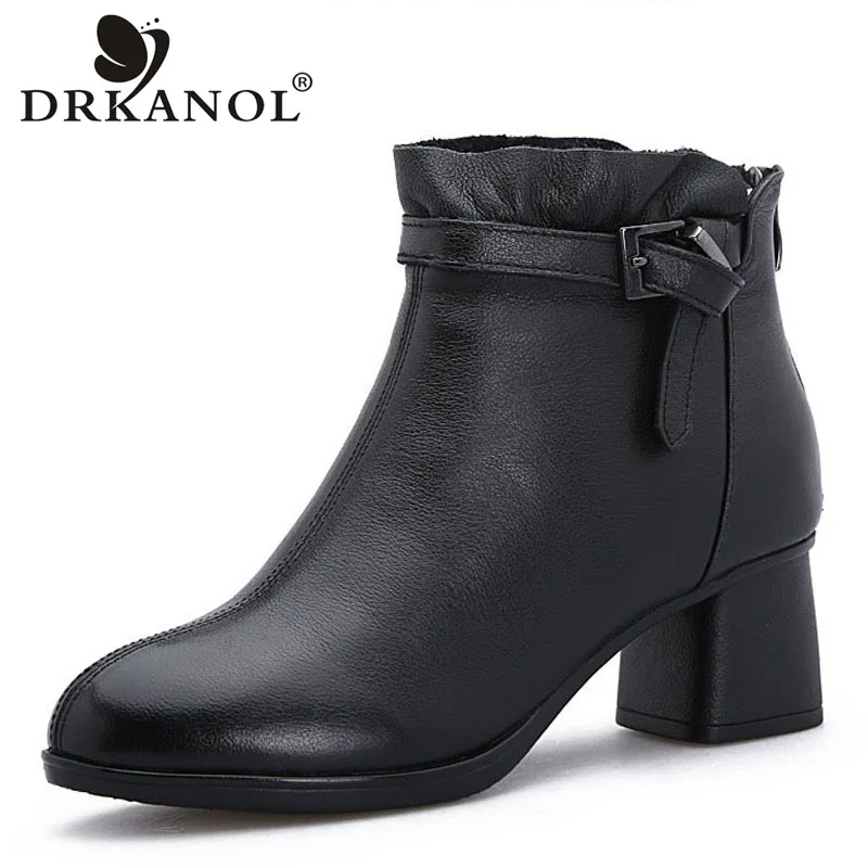 

DRKANOL 2019 Genuine Leather Women Boots Winter Thick High Heel Short Plush Warm Ankle Boots Women Pointed Toe Chelsea Boots
