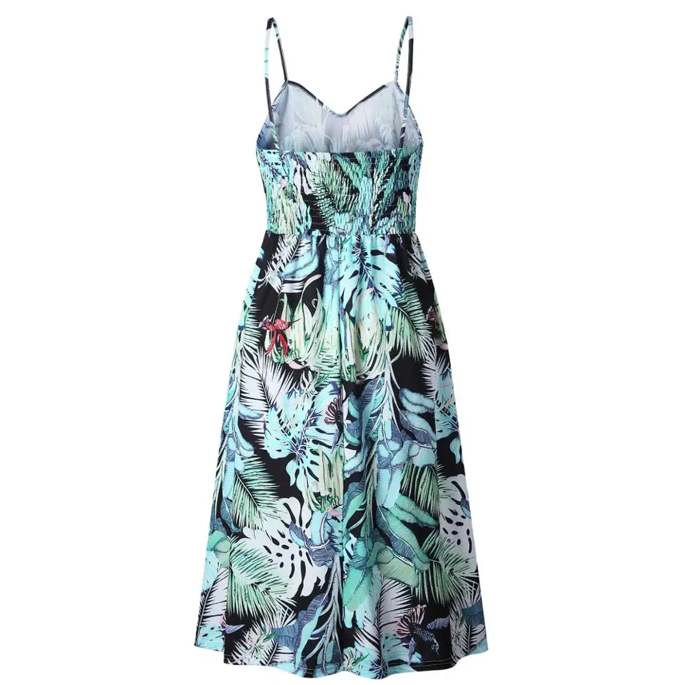 2018 New LOSSKY Women Print Floral Stripe Bohemian Dress V-Neck Sleevele Sexy Button Beach Casual Boho Midi Dress Plus Size 3XL