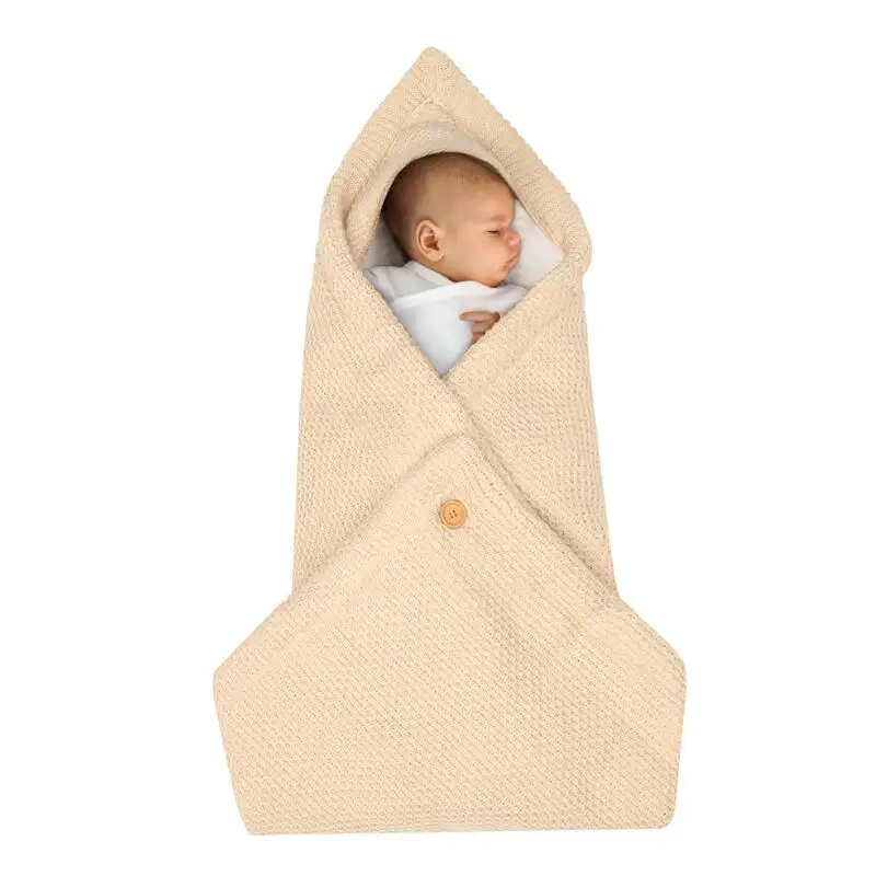 Бежевый Baby plus velvet sleeping bag Swaddle Wrap Warm Crochet Knitted Thickened Hoodie Soft Swaddling Wrap stroller Blanket 80*80cm - Цвет: Бежевый