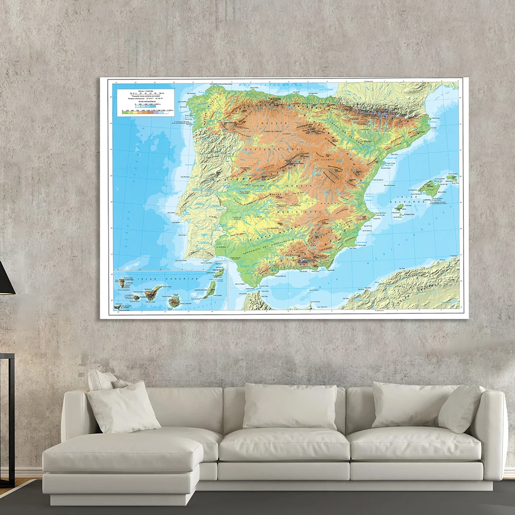 225*150 Cm The Spain Topographic Map In Spanish Non-woven Canvas Painting Large Poster Wall Home Decoration School Supplies