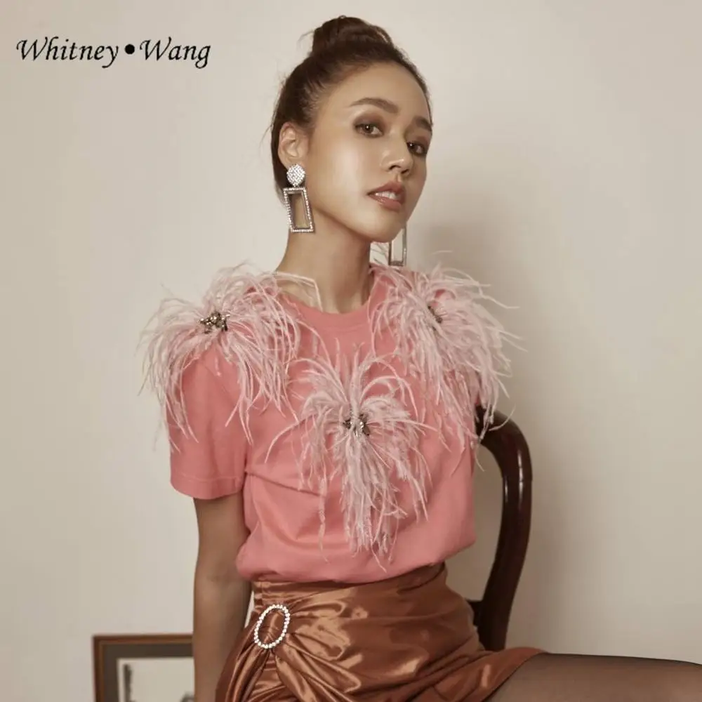 Женская футболка с перьями WHITNEY WANG модная уличная со стразами весна лето