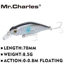 Mr.Charles CMC015 Fishing Lures 70mm/8.5g Shad , 0-0.8M Floating Quality Professional Minnow Hard Bait 3D Eyes Crankbait