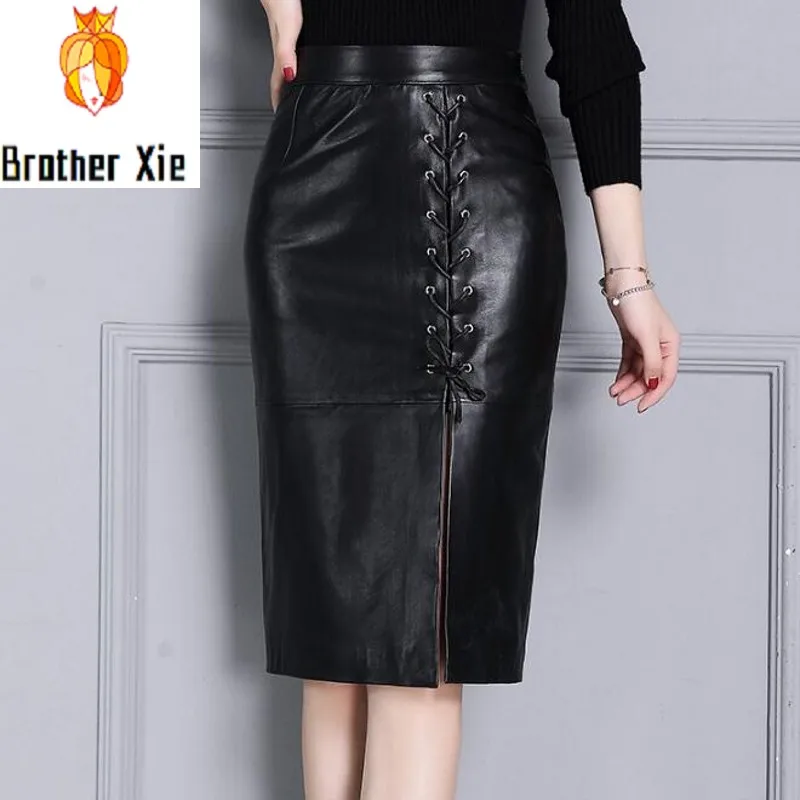 

2020 Autumn Lace Up Front Women Knee Length Skirt Designer Black Sexy Slit Wrap Skirt High Waist Real Leather Skirt for Women
