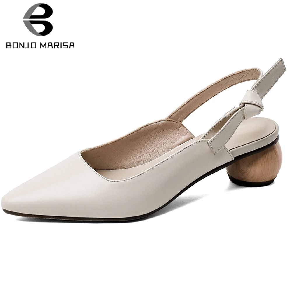 

BONJOMARISA New 2020 Summer Concise Solid Pointed Toe Sandals High Quality Genuine Leather Sandals Women Med Heel Shoes Woman