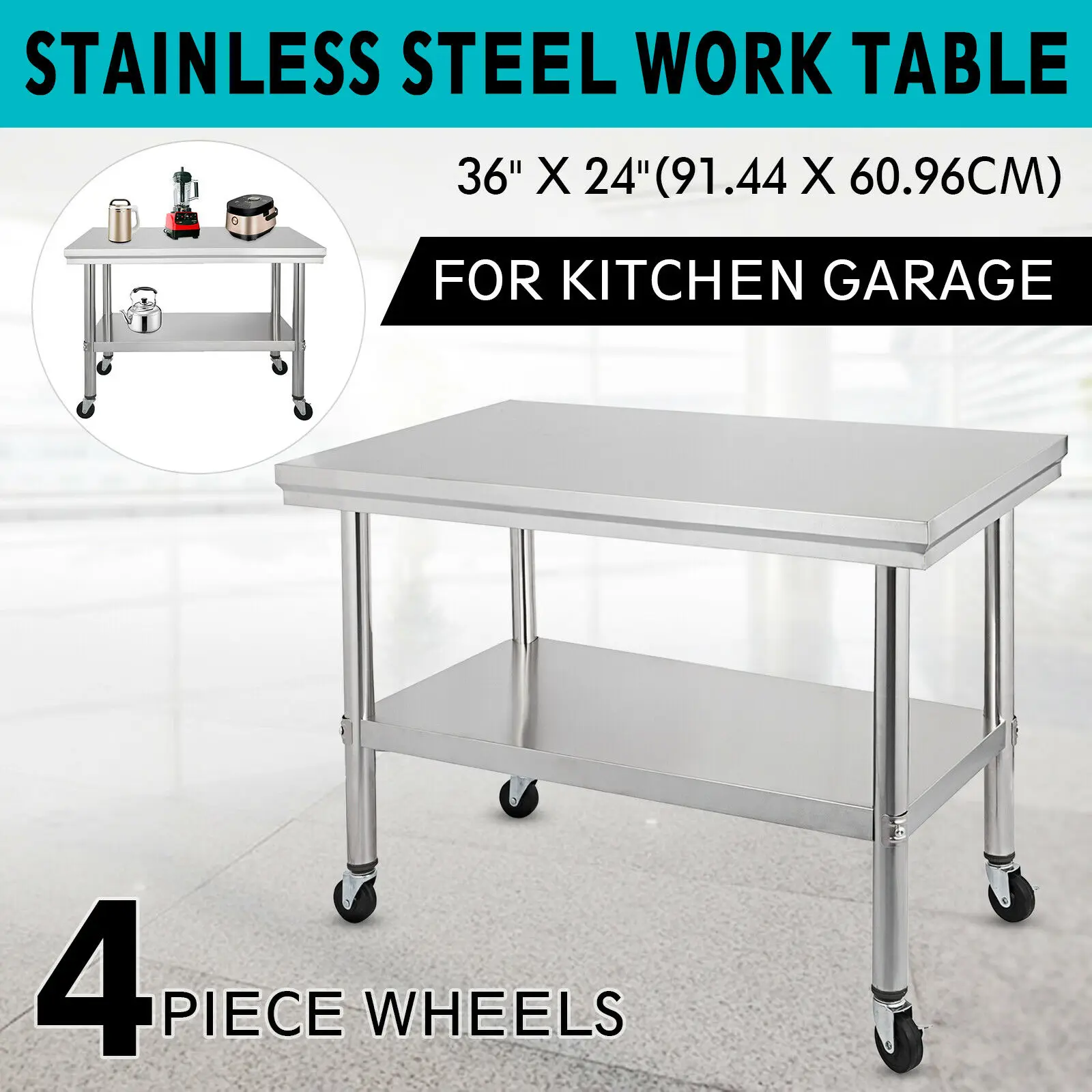  Stainless Steel Commercial Kitchen Work Table 36x24 Inch With 4 Casters For kitchen restaurant and  - 4000203142996