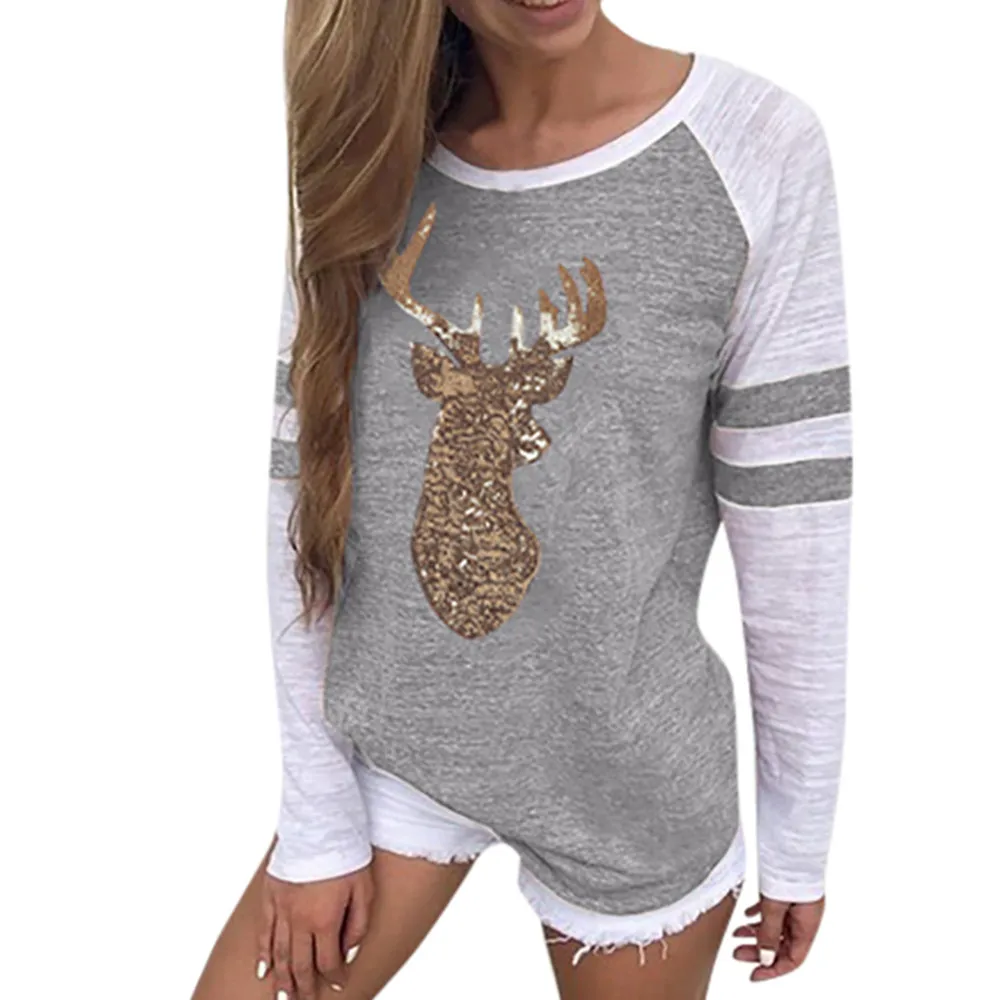 Gray Plus Size S-5XL Christmas Tops Women T-shirt Elk Print Xmas Long Sleeve Happy Tops T Shirt Winter Female Roupas Feminina T-shirt - Цвет: Gray