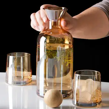 

Household Water Bottle Cool Water Cup Set Colorful 1 Pot 4 Cups Glass Jar Transparent Water Bottle Set (With Wooden Ball Cover)