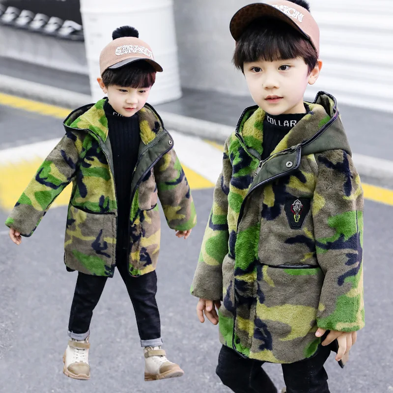 

Winter Children's Clothing Baby Girl Boy Warm Clothes Faux Fur Camouflage Hooded Jacket Flannel Plus Velvet Thick Clothes