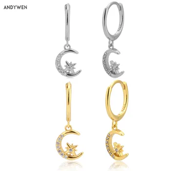 

ANDYWEN 925 Sterling Silver Star Moon Drop Earring Pendiente Luxury CZ Zircon Luxury Fashion Fine Jewelry Rock Punk Jewels