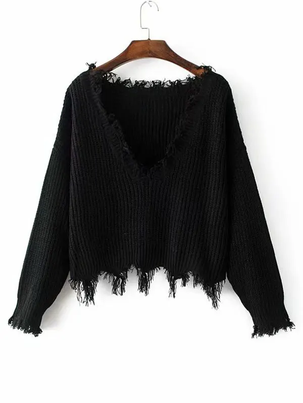 AREQW Knitted Sweater Autumn Women One Size Ripped V Neck Loose Sweater Pullovers Ladies Solid Color Tassel Sweaters Tops 2019 AREQW Knitted Sweater Autumn Women One Size Ripped V Neck Loose Sweater Pullovers Ladies Solid Color Tassel Sweaters Tops 2019