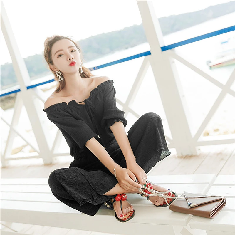 and pattern spring New autumn woman Solid color Jumpsuits A word collar strapless Ruffles Jumpsuit Nine minute leg trousers XY75 | Женская