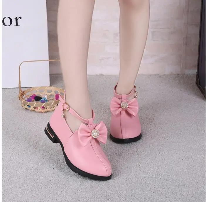 Bowtie Rhinestone Girls Princess Shoes Patent Leather Girls Kids Shoes for Dance Party Child Girl Single Shoe