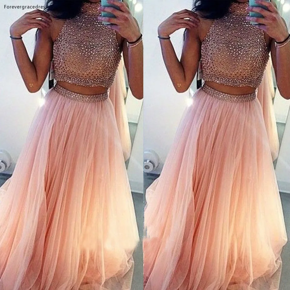 High Neck Two Pieces Prom Dresses 2017 Sexy Beaded Long Prom Dress China Cheap Tulle Evening Party Gown Vestidos De Festa 144 (2)