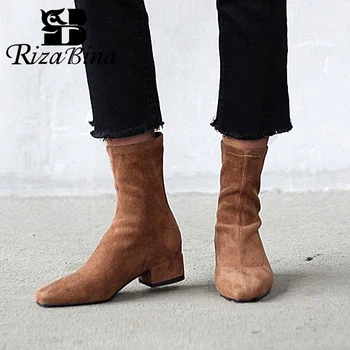 

RIZABINA High Quality Women Ankle Boots Stretch Boots Solid Color Vintage Square Toe Low Heels Women Footwear Size 35-39