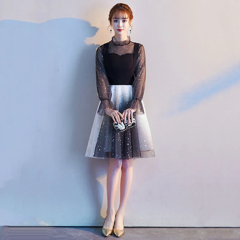 

Skyyue Patchwork A-Line Prom Dress FR323 Sparkling Sequin Long Sleeve Banquet Dresses Black Gradient Vestidos De Festa 2020