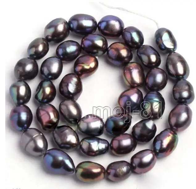 Jewelry Pearl Necklace Genuine 9-10mm Natural Black Oval Freshwater Pearl Loose Beads Strand 15"