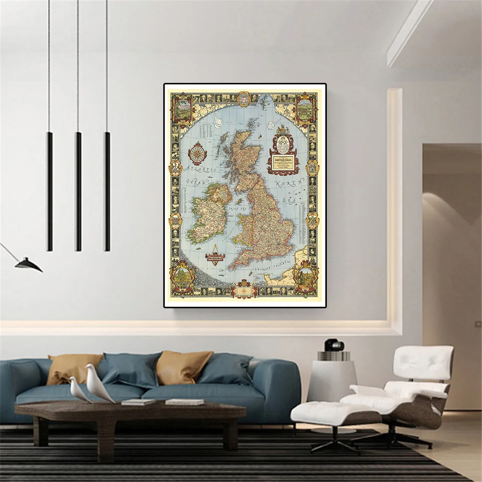 59*42cm The United Kingdom Map In 1937 with Details Wall Art Poster Canvas Painting Travel School Supplies Classroom Home Decor