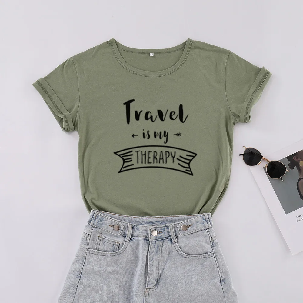Женская футболка с короткими рукавами Travel Is My Therapy хлопковая Футболка круглым