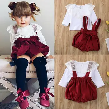 

2Pcs Newborn Baby Clothes Sets Princess Girls White Yarn Lotus Leaf Collar Long-Sleeved Tops + Shorts Bib Pants Overalls 0-24M