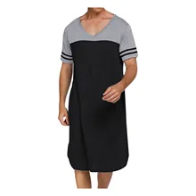 FAKUNTN Casual Patchwork Robes Short Sleeve Nightgowns Mens V Neck Loungewear Sleepwear Pajama Sleeping Wear Pijama Masculino