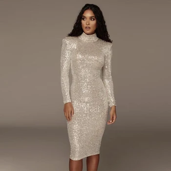 

Sequined High collar Midi DressElegant Long Sleeve Bodycon Tight Stretch Knee Length Party Dress Padded Shoulder