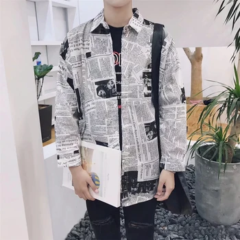

Square Neck Men Shirts Newspaper Printing Male Clothes Splicing Spring Long Sleeve Slim Fit Daily Cotton Blend Tops Fashion Boy