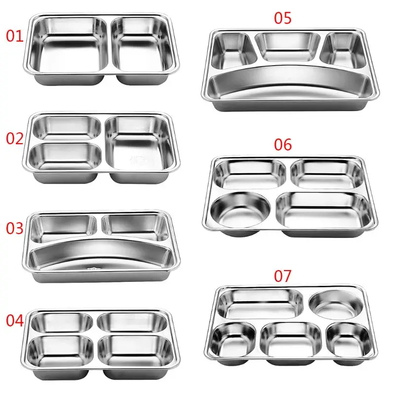 

Stainless Steel Divided Dinner Tray Lunch Container Food Plate for School Canteen 3/5/4 Section