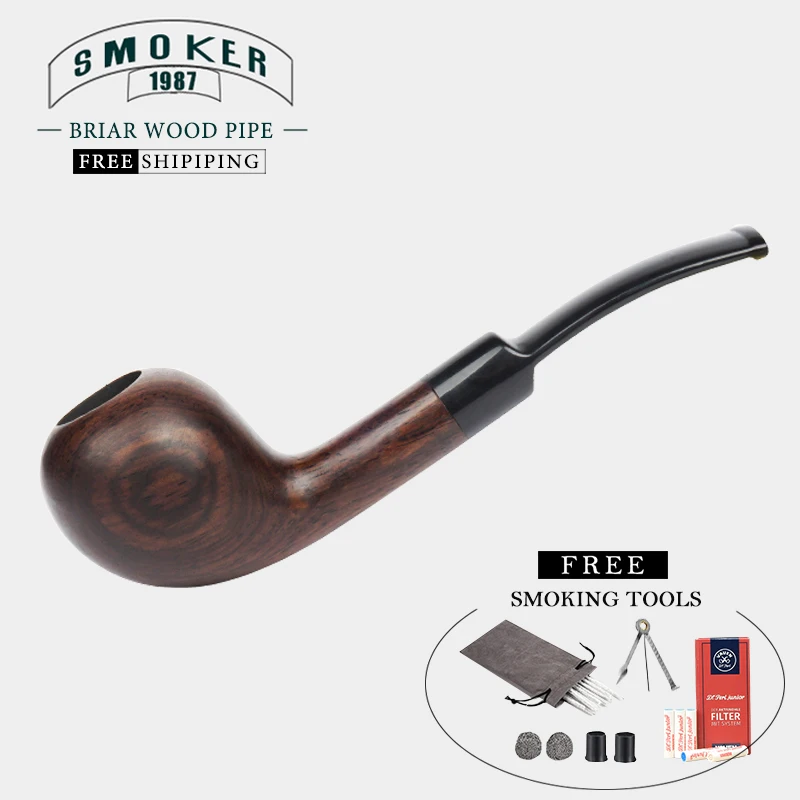 

FreeShippingBent Stem Wooden Tobacco Pipe HandMade by Ebonywood With Free Smoking Tools Arc Design Fit 9MM Filters