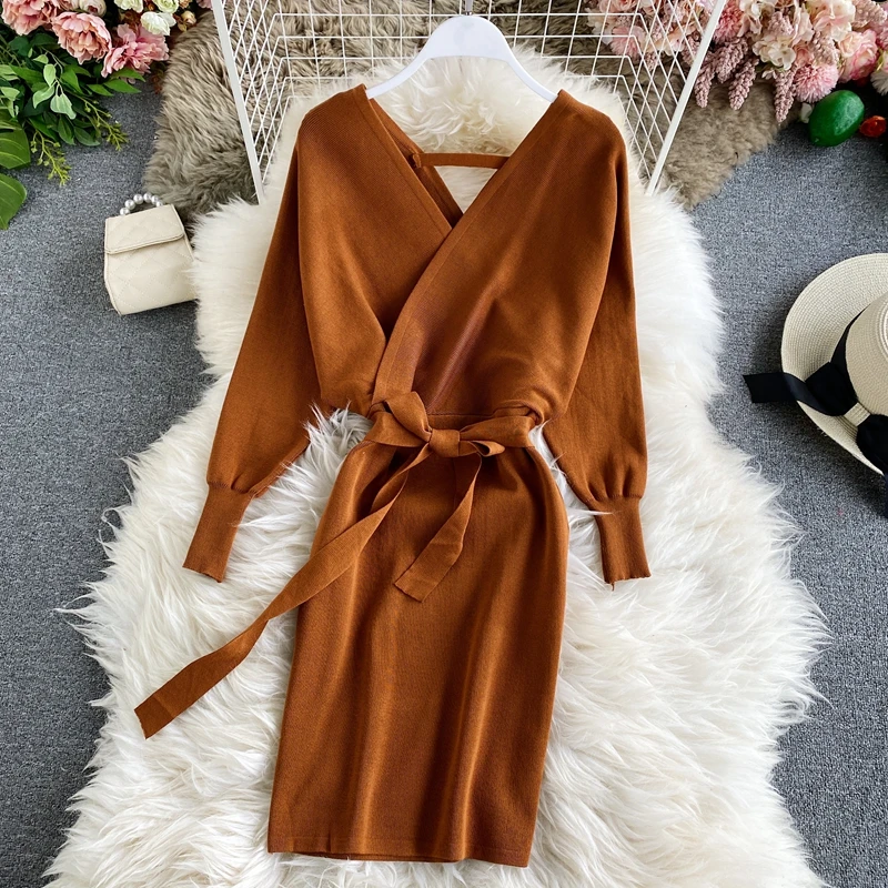 

Spring Autumn Women Knitted Sweater Dress New Korean Long Batwing Sleeve V Neck Elegant Dress Ladies Bandage Dress