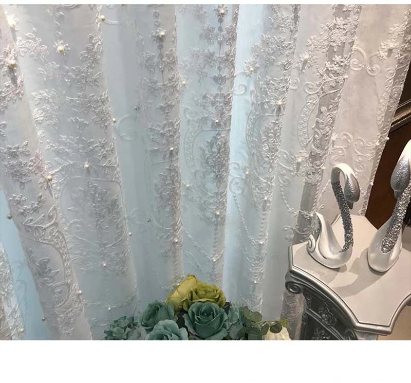 branco do laço pérola bordado tule cortina para sala de estar moda nordic geométrica janela tela terminado decoração casamento corts