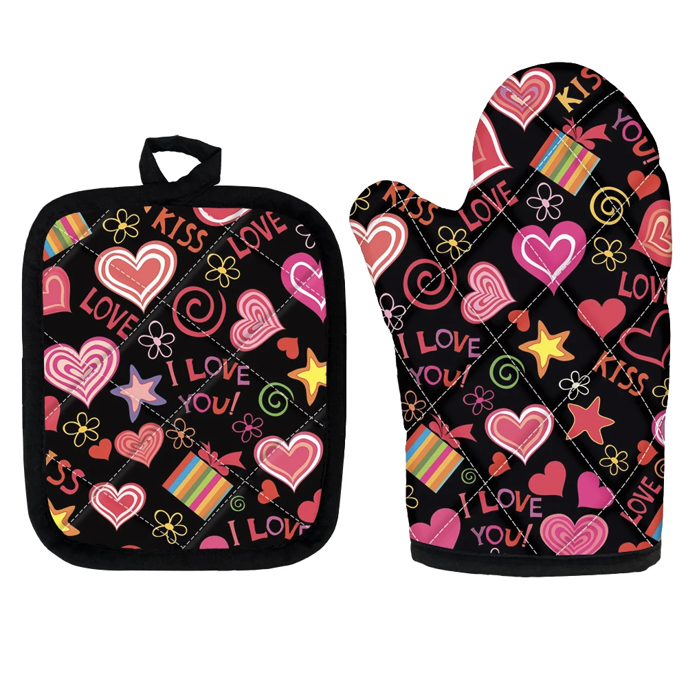 Non-slip Cooking Gloves Lovely Love Design Polyester Heat Resistant BBQ Mittens and Mat 2pcs Potholder Mitts Kitchen Accessory | Дом и сад