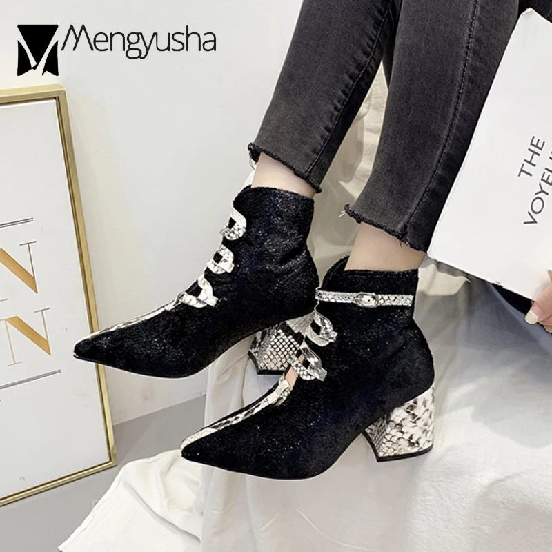 

Snake Pattern Ankle Boots Women Strap Belt Martin Booties Thick High Heels Footwear Winter Botas Brand Flock Botines Mujer 2019