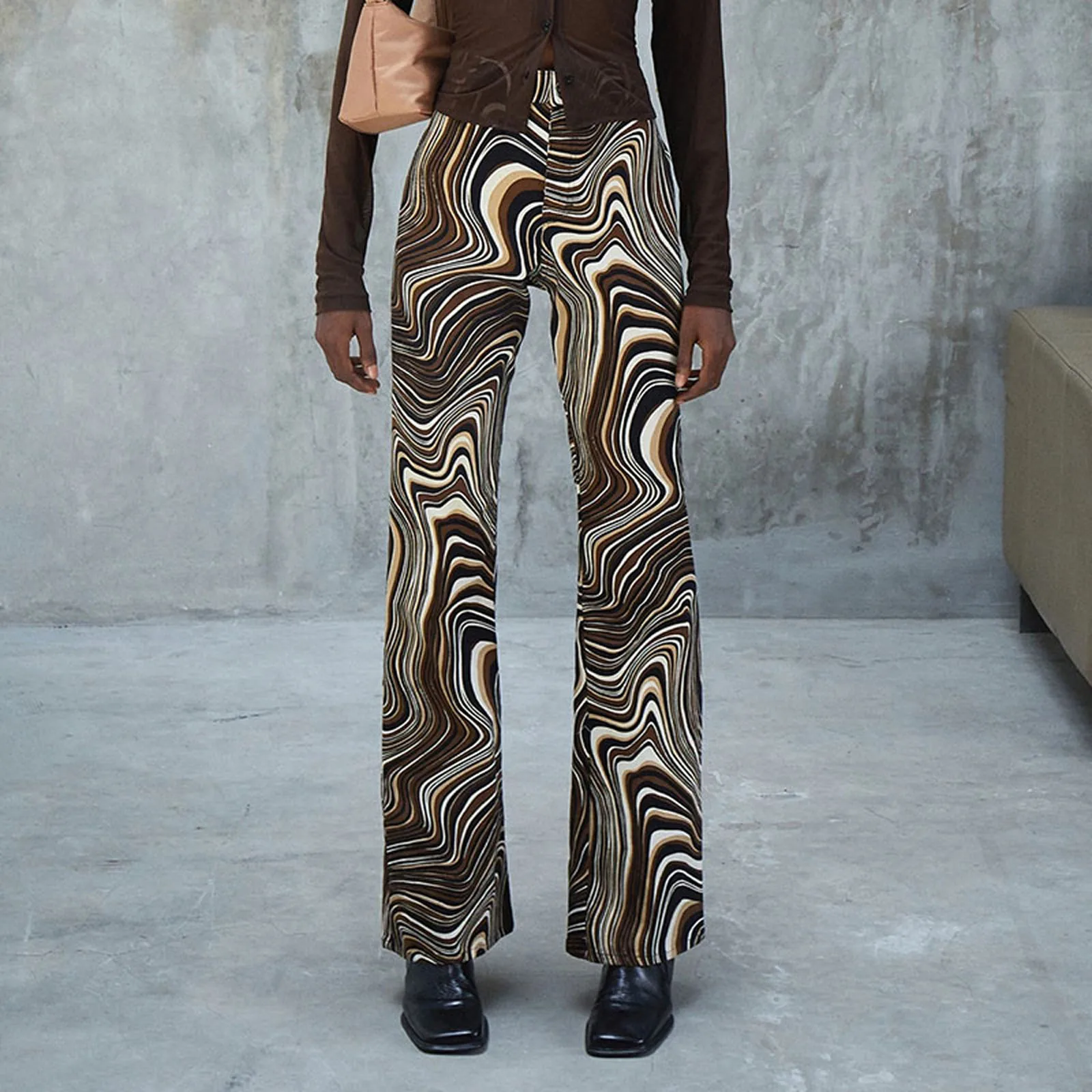 

Women Water Ripple Flared Pants Casual Pants Summer and Autumn Adult Water Ripple Print High-Waist Flared Pants Brown/Green
